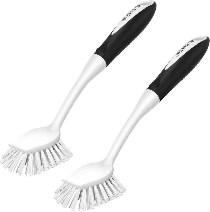 SetSail Dish Brush with Handle, 2 Pack Stiff Bristles Dish Scrubber with Built-in Scraper Dish Scrub Brushes for Cleaning Dishes, Pots and Pans, Kitchen Sink, White - Image 1